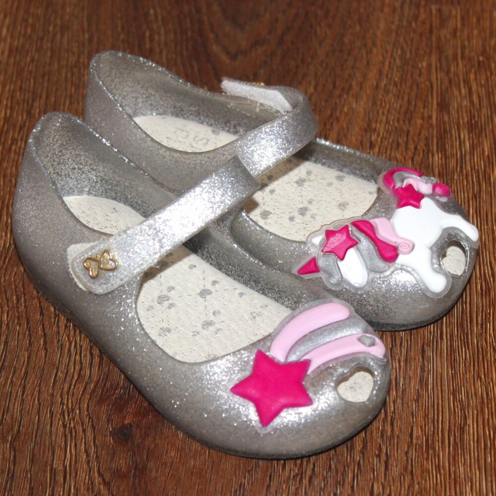 Toddler Girls World of Colors Silver Pink Unicorn Jelly Mary Janes Shoes size 7